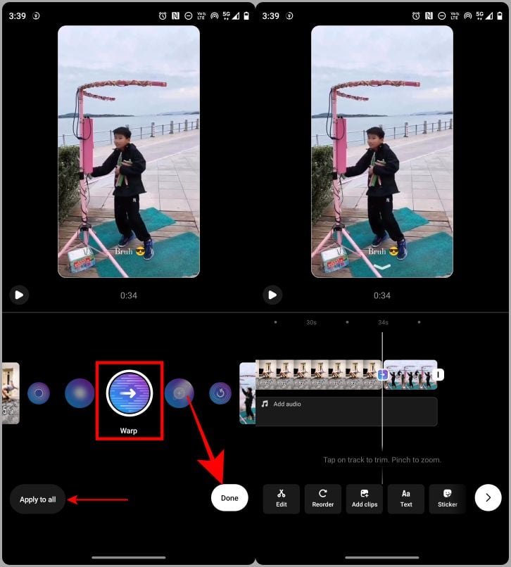 ajout de transition aux clips de reel instagram étape 2