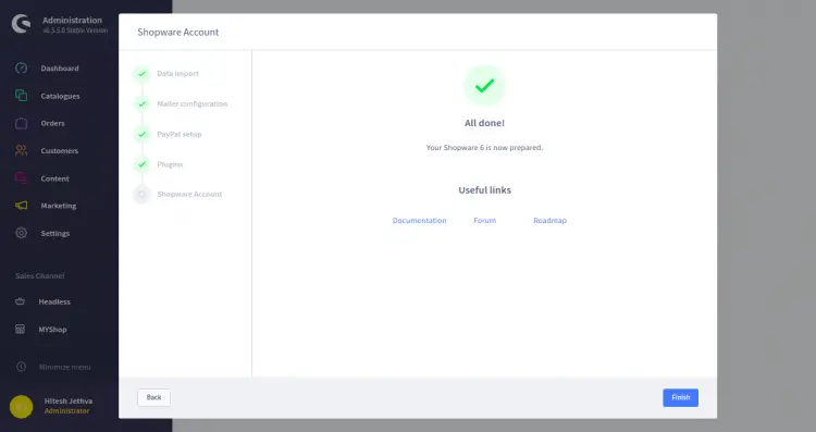 Instalação do Shopware bem-sucedida