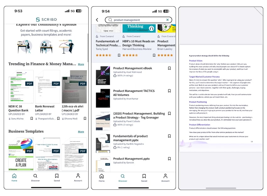 screenshot dell'app scribd che mostra una pagina di caricamenti della comunità, una pagina di ricerca e una pagina di lettura.