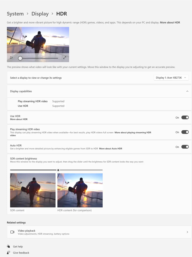 приложение настроек windows 11, показывающее auto hdr