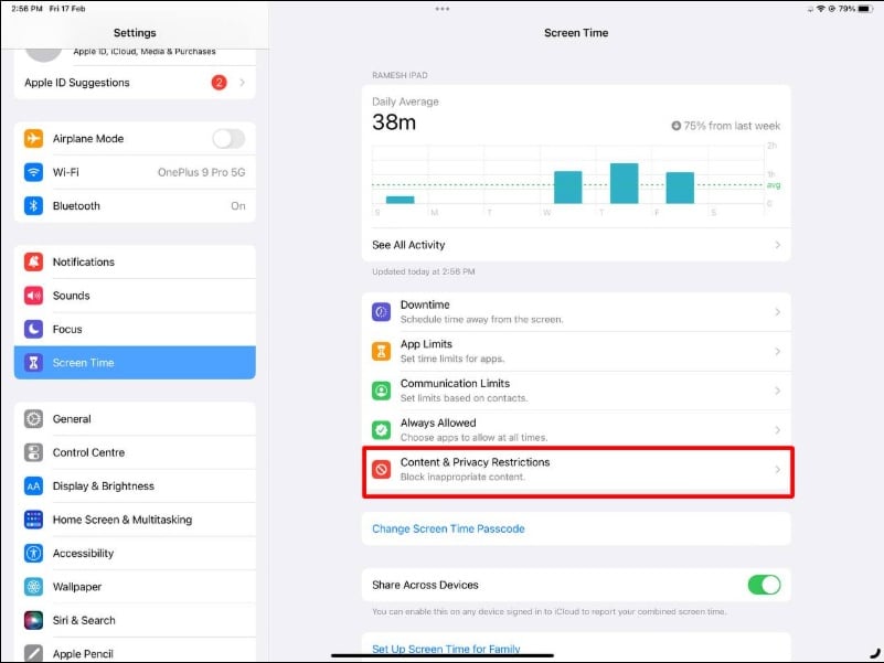 imagem mostrando configurações de tempo de uso do ipad