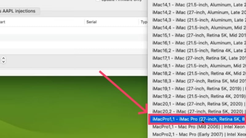 sélectionner le type de mac