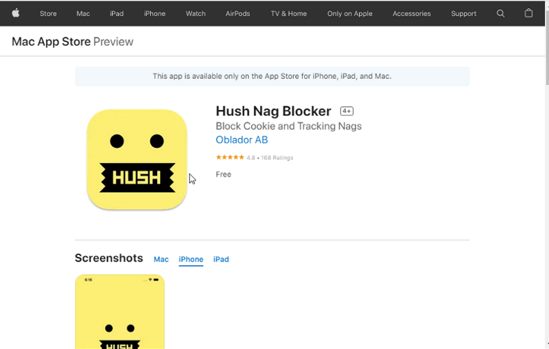 blocco pop-up di consenso ai cookie - hush per safari