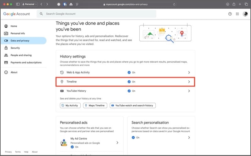 option chronologie sur la page du compte google.
