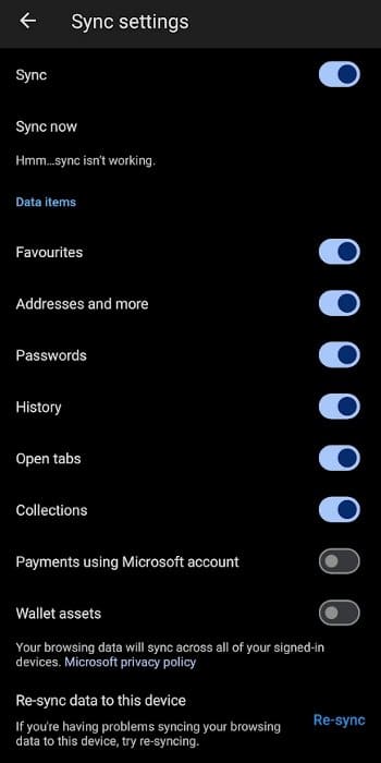 Синхронизация Microsoft Edge на Android