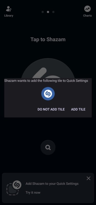 aggiunta del tile di shazam al pannello delle impostazioni rapide