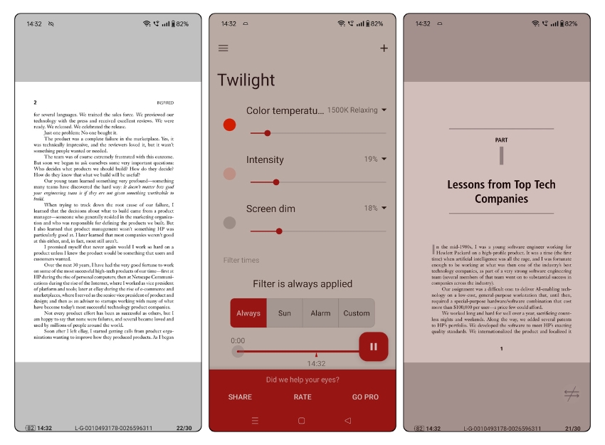 screenshot che mostra l'uso dell'app twilight prima e dopo