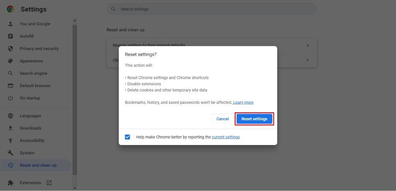 ripristina le impostazioni di google chrome ai valori predefiniti passaggio 2