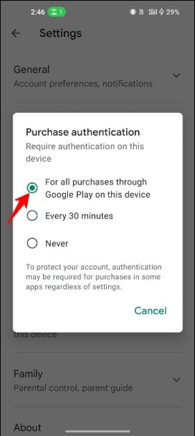 imagem mostrando autenticação de compra no google playstore