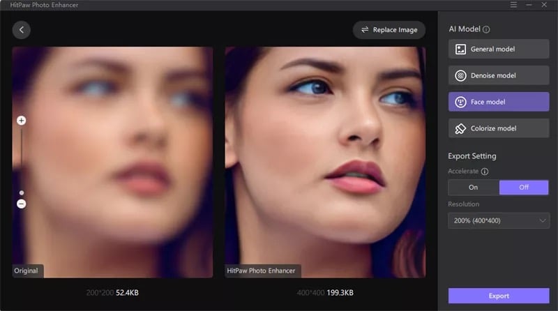 previewing and exporting the enhanced image in hitpaw photo enhancer