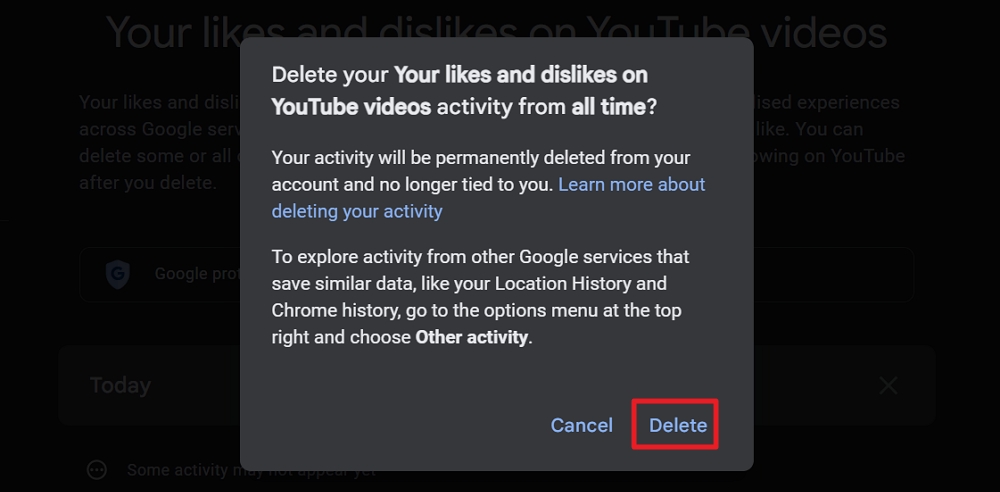conferma eliminazione di tutti i mi piace e non mi piace su youtube