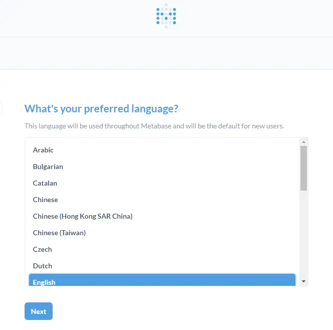 Scelta della lingua di Metabase