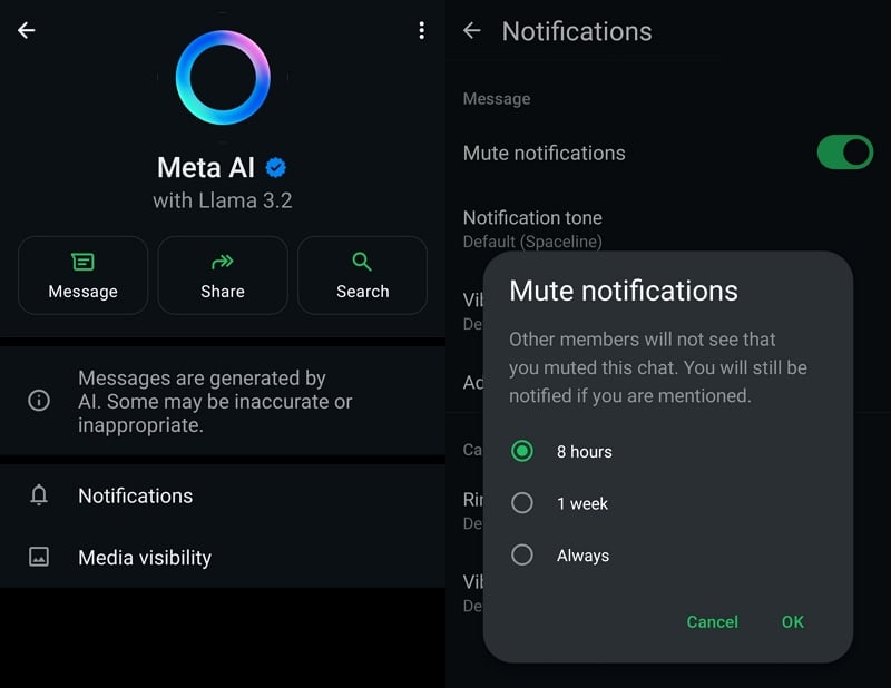 silenciar notificaciones meta ia en whatsapp