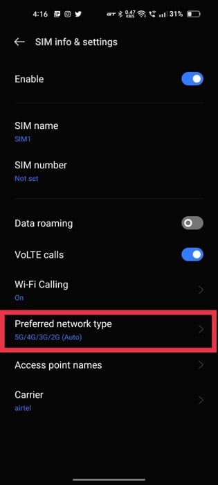 tipo de red preferido android