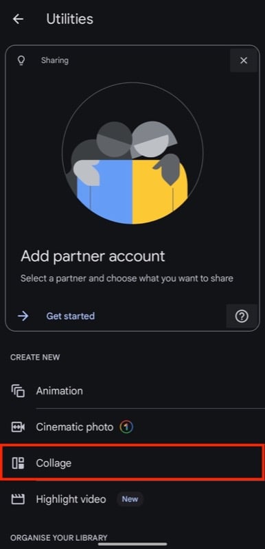 страница утилит в google photos.