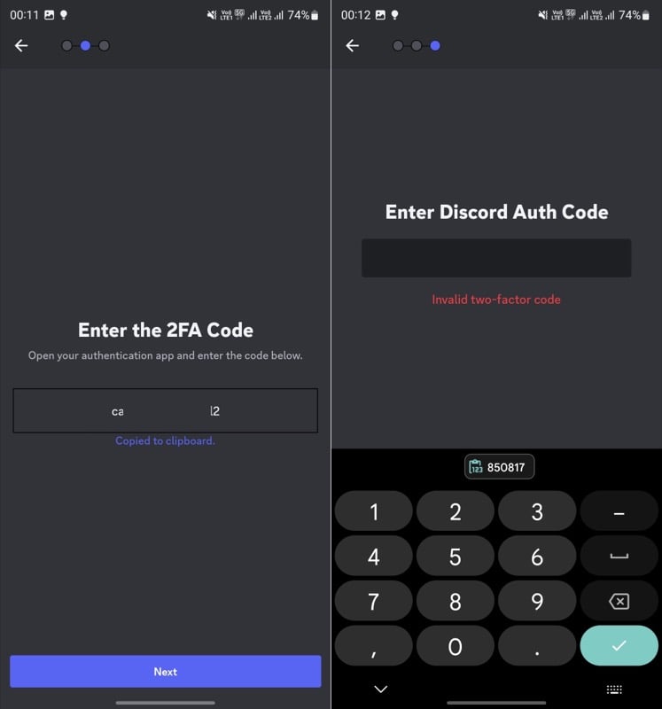 inserimento del codice di autenticazione 2fa nell'app discord