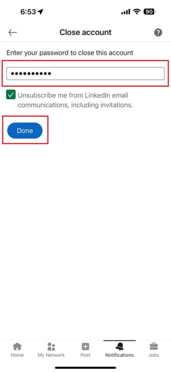 wie man ein linkedin-konto löscht- passwort eingeben und abschließen