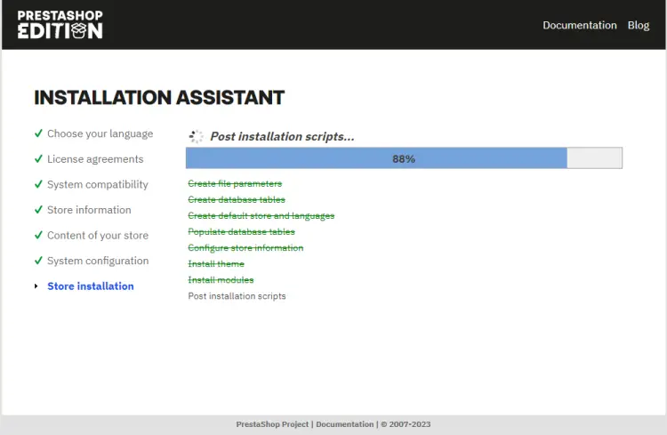 Progression de l'installation de PrestaShop