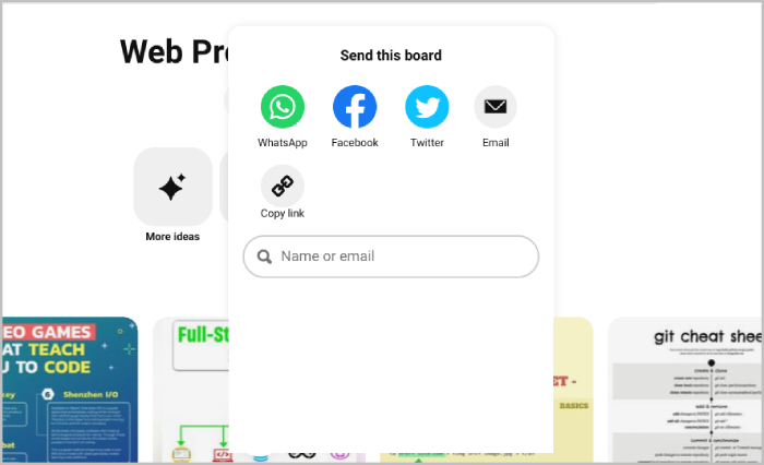 opzioni di condivisione su pinterest webapp
