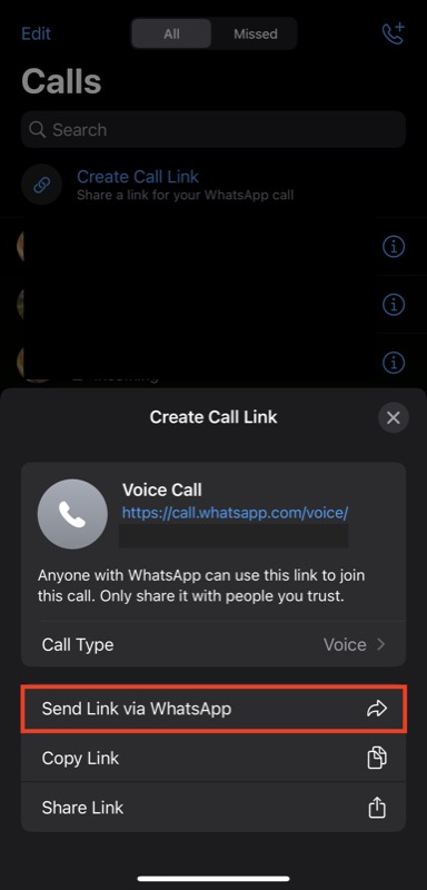 compartiendo un enlace de llamada de whatsapp a través de whatsapp