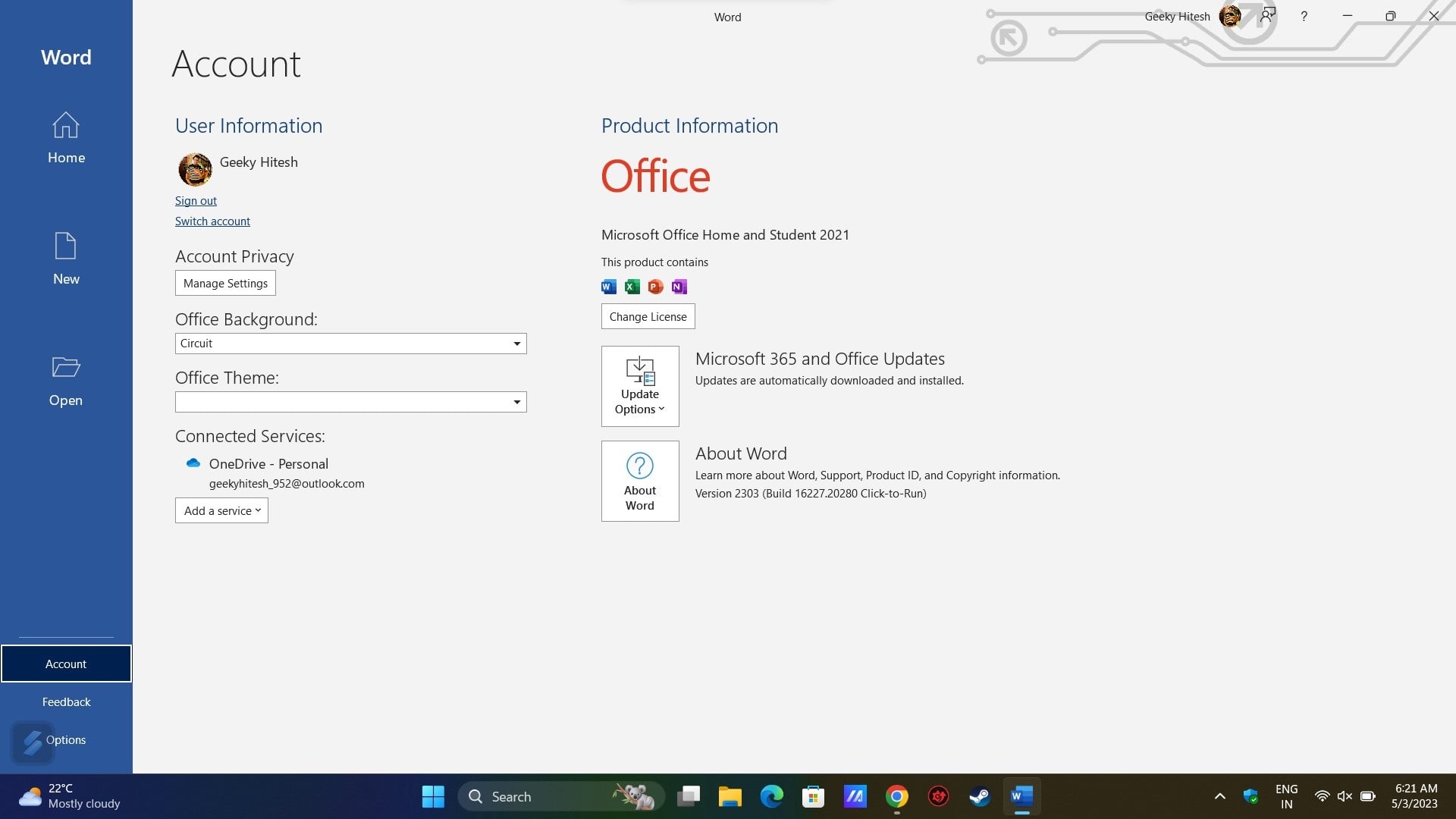 reseña asus vivobook s15 oled: página de información de microsoft office