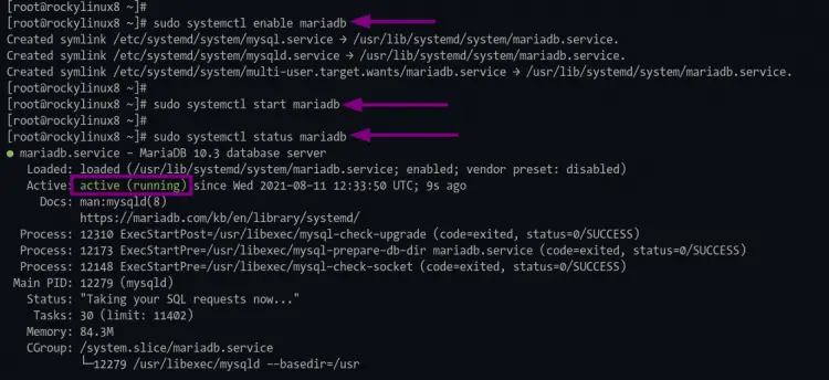 Verificando el estado del servicio mariadb