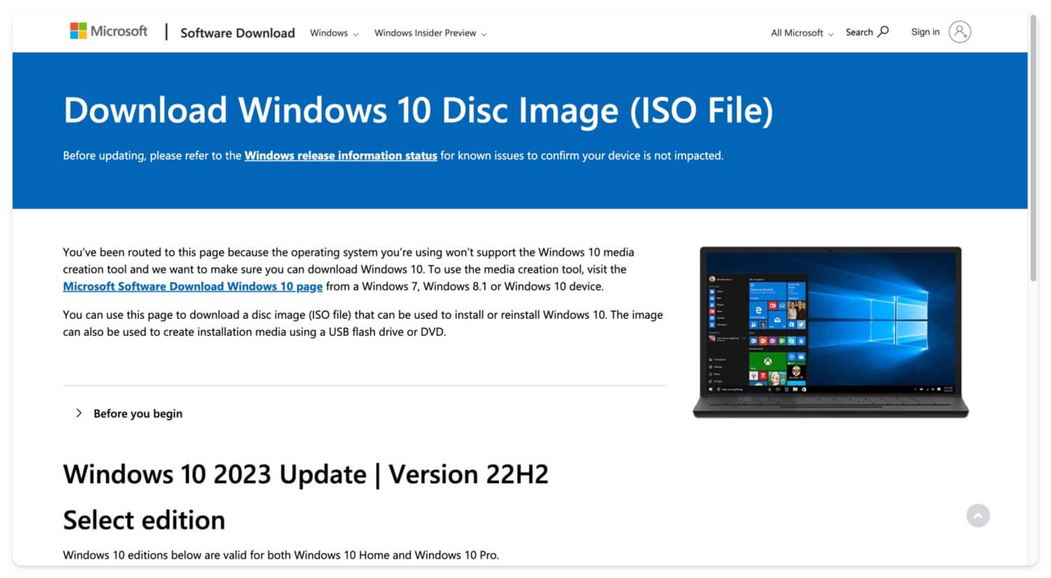 Windows 10 ISO 파일 다운로드를 위한 Microsoft 페이지