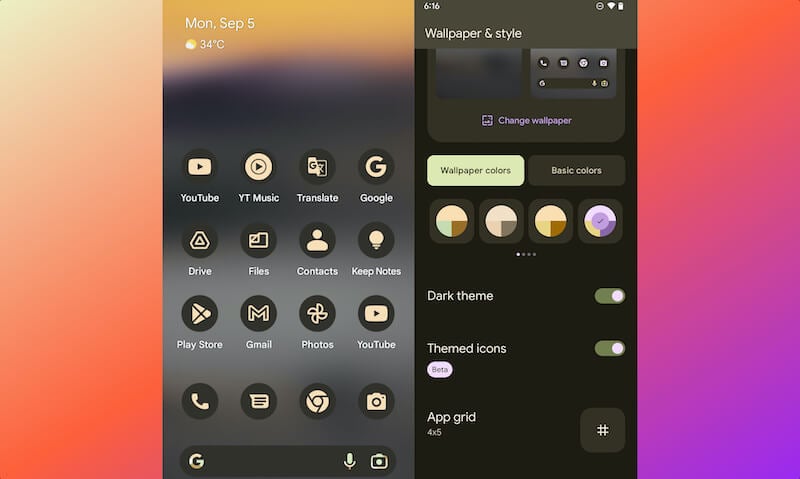 fonctionnalités android 13 - harmoniser les icônes