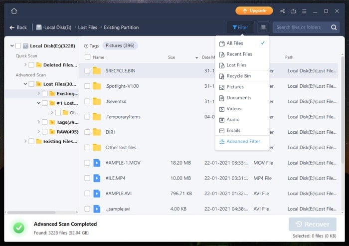 filtering out scanned results on easeus data recovery wizard