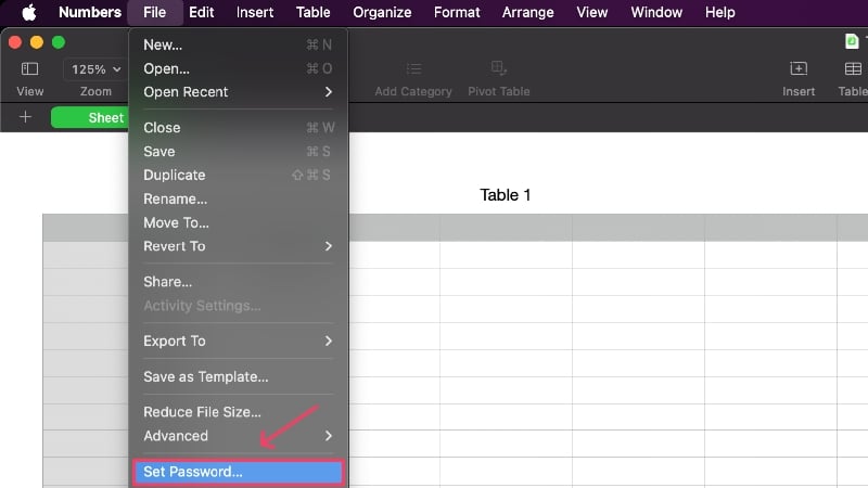 Numbersのパスワードを設定