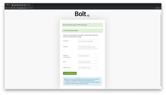Assistente de configuração do Bolt CMS