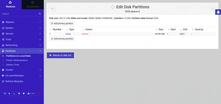 Webminを使用してディスクをパーティション分割
