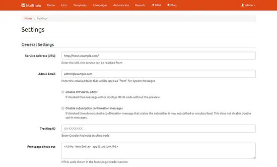 Настройки Mailtrain