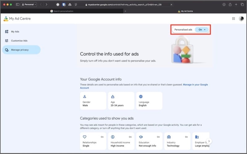 toggle des annonces personnalisées pour désactiver la personnalisation des annonces.