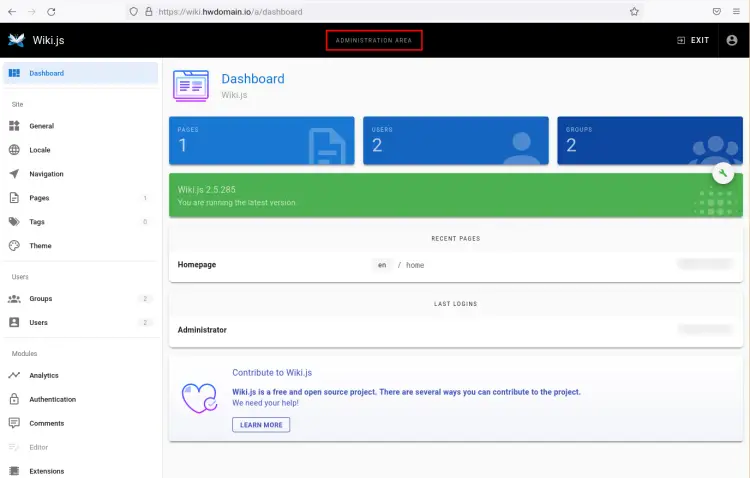 панель управления wiki.js