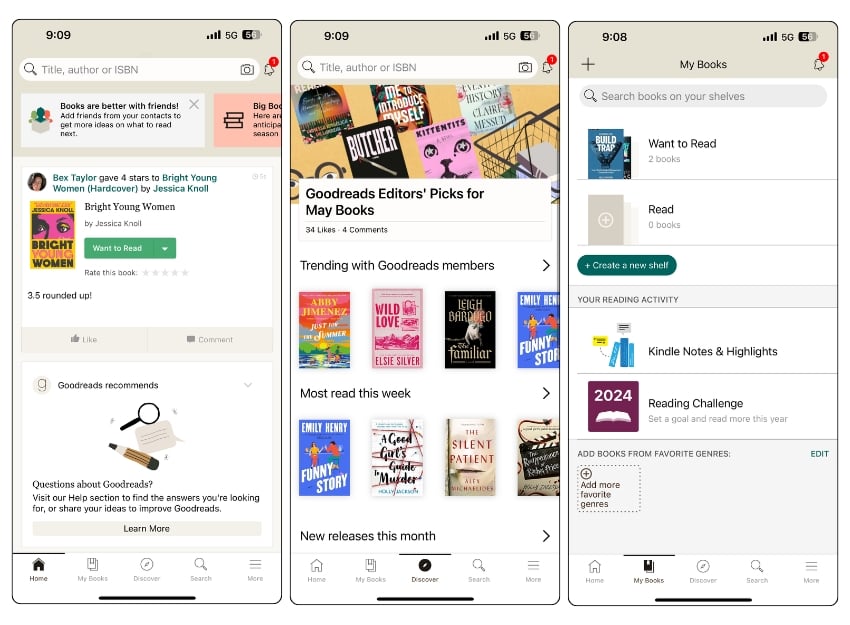 screenshot dell'app goodreads che mostra raccomandazioni di libri, scelte dell'editore e liste di lettura personali.