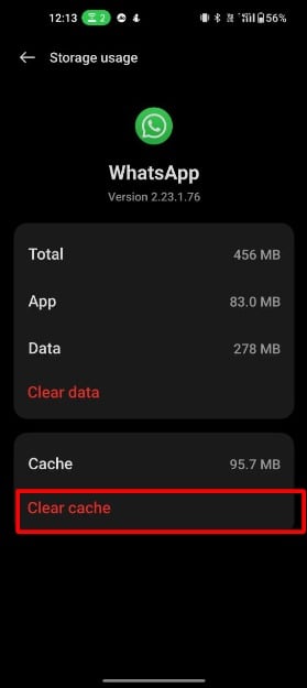 imagem mostrando opção de limpar cache do whatsapp