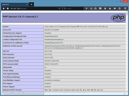 PHP 5.6 phpinfo-Bildschirm.