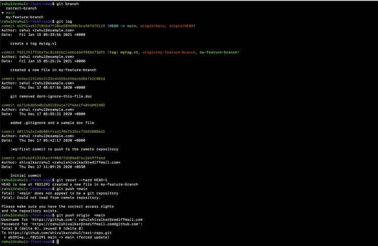 Supprimer un commit local avec réinitialisation dure et pousser vers la branche pour le supprimer également du distant