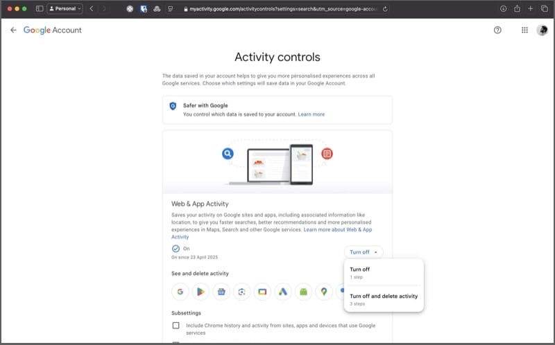 options pour mettre en pause l'activité web & des applications.