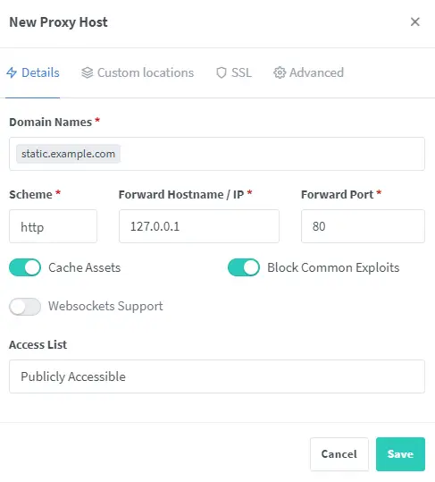 Host de Site Estático do Nginx Proxy Manager