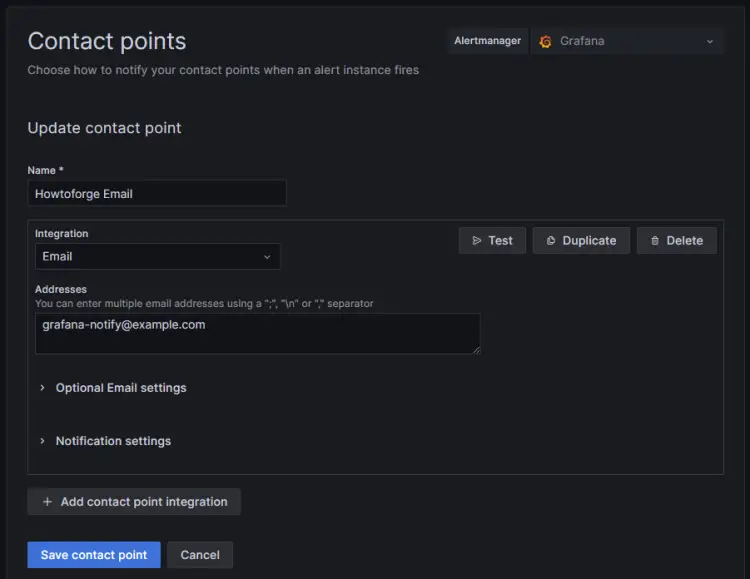 Grafana E-Mail-Benachrichtigung Kontaktpunkt