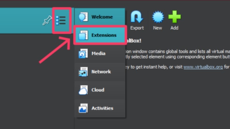 ouvrir l'option extensions dans virtualbox