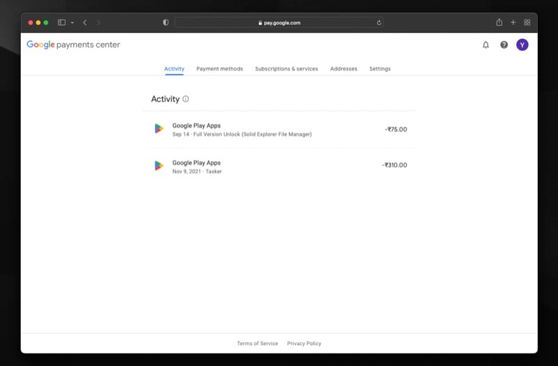 вкладка активности google pay