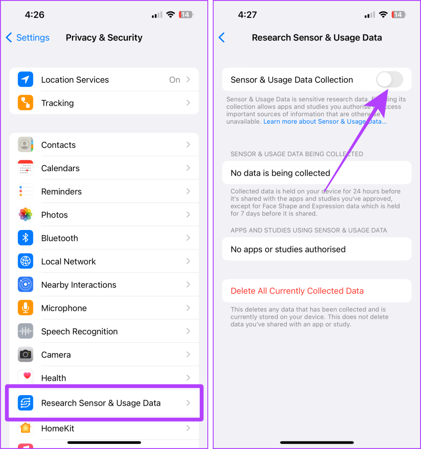 configurações de dados de sensor e uso de pesquisa iphone