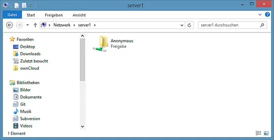 La condivisione Samba anonima appare in Windows.