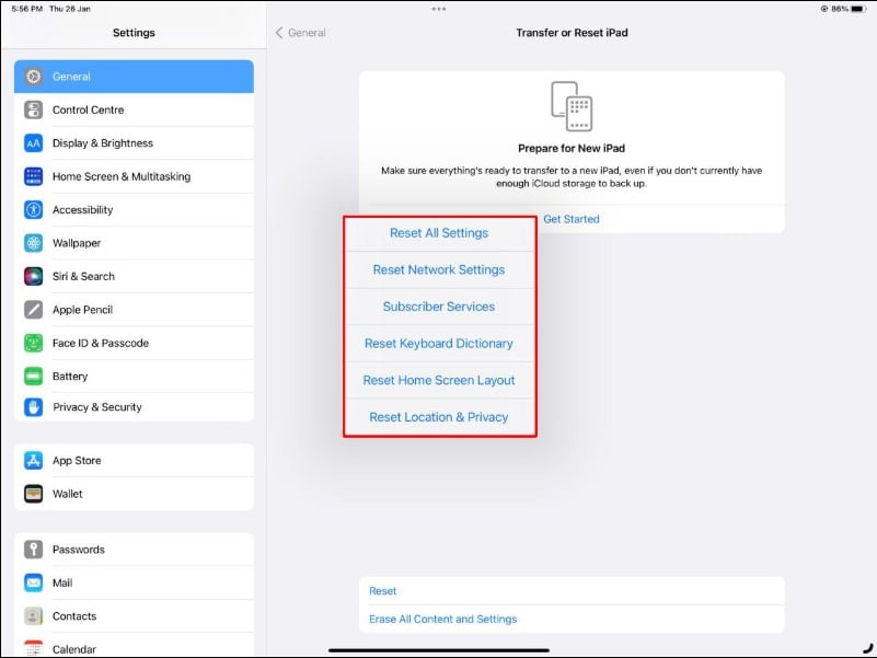 iPadの異なるリセット設定を示す画像