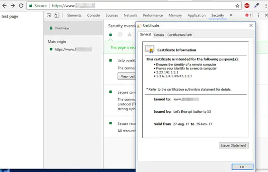 Detalhes do certificado SSL mostrados no navegador Chrome