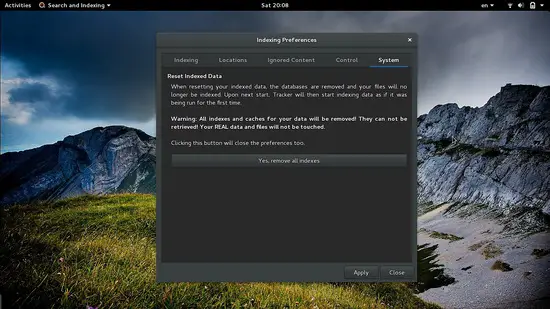 Suivi des activités avec Gnome Tracker- Préférences d'indexation.