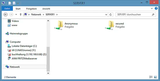 Entrambe le condivisioni Samba appaiono in Esplora risorse di Windows.